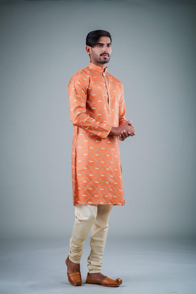 Trendy Orange Off White Kurta Pajama | Satin Cotton & Cotton Combo