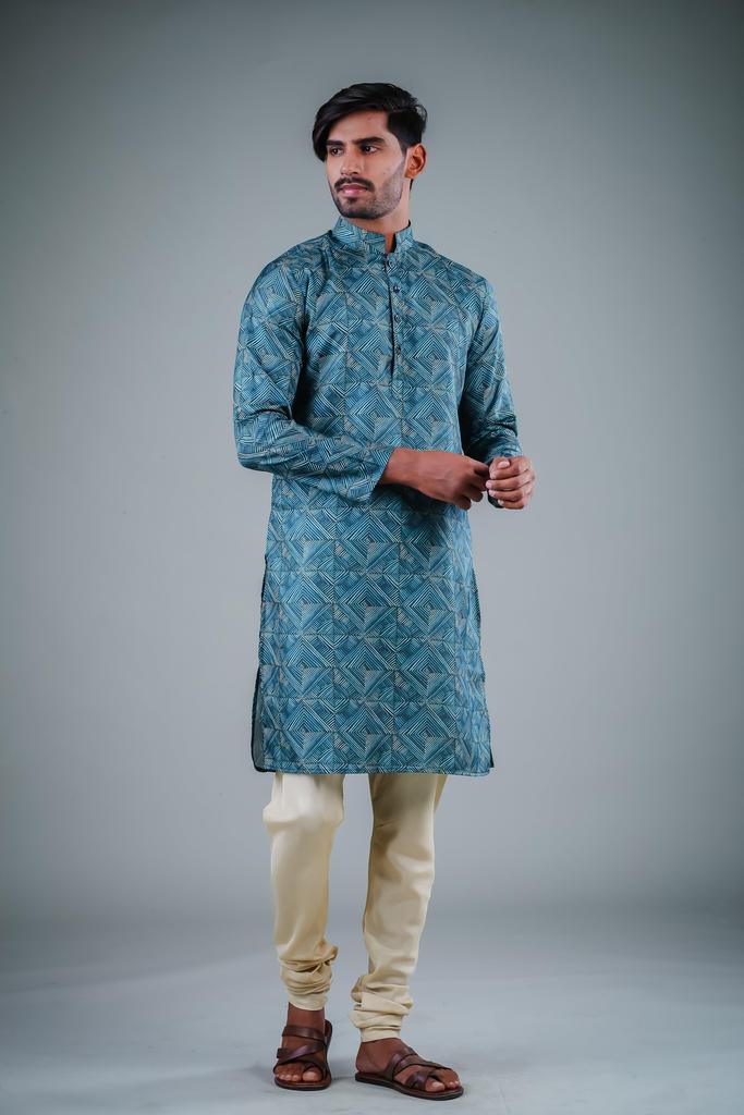 Modern Teal Off White Kurta Pajama | Satin Cotton Ethnic Wear Set