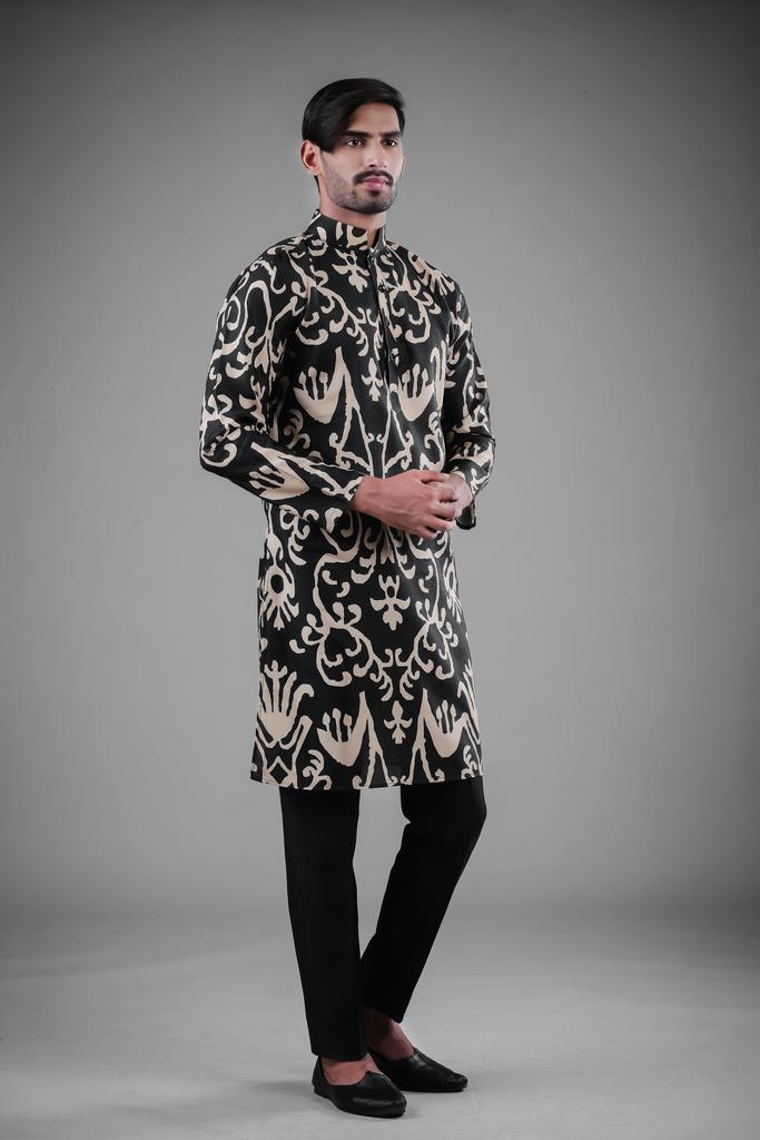 Classic Pure Black Kurta Pajama | Satin Cotton Printed Set for Men