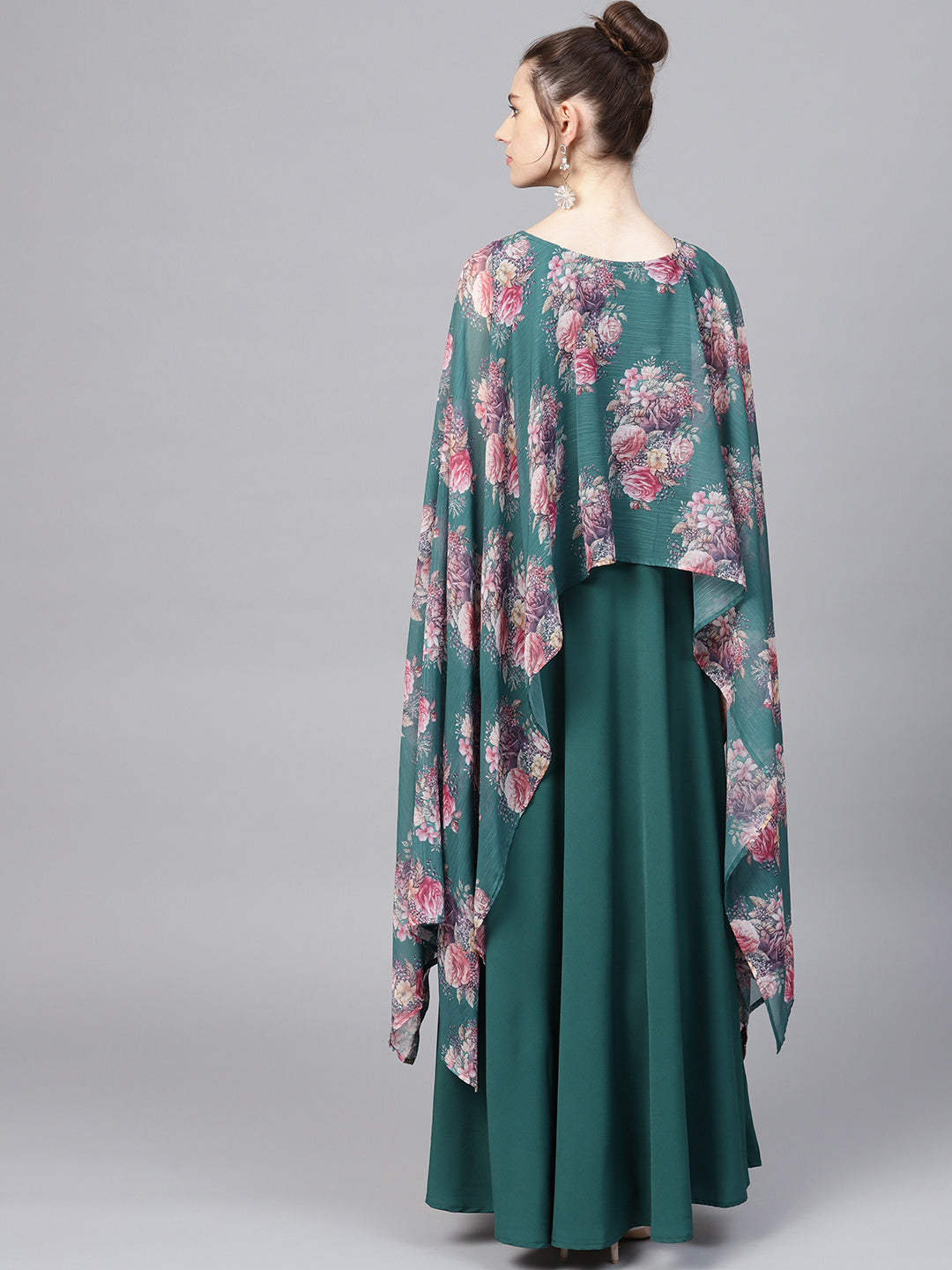 Elegant Sea Green Crepe & Chiffon Kurti | Floral Cape Style Gown