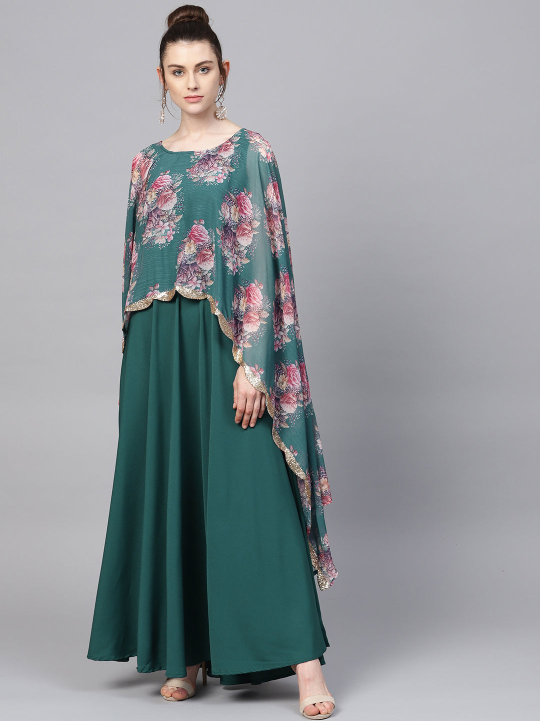 Elegant Sea Green Crepe & Chiffon Kurti | Floral Cape Style Gown