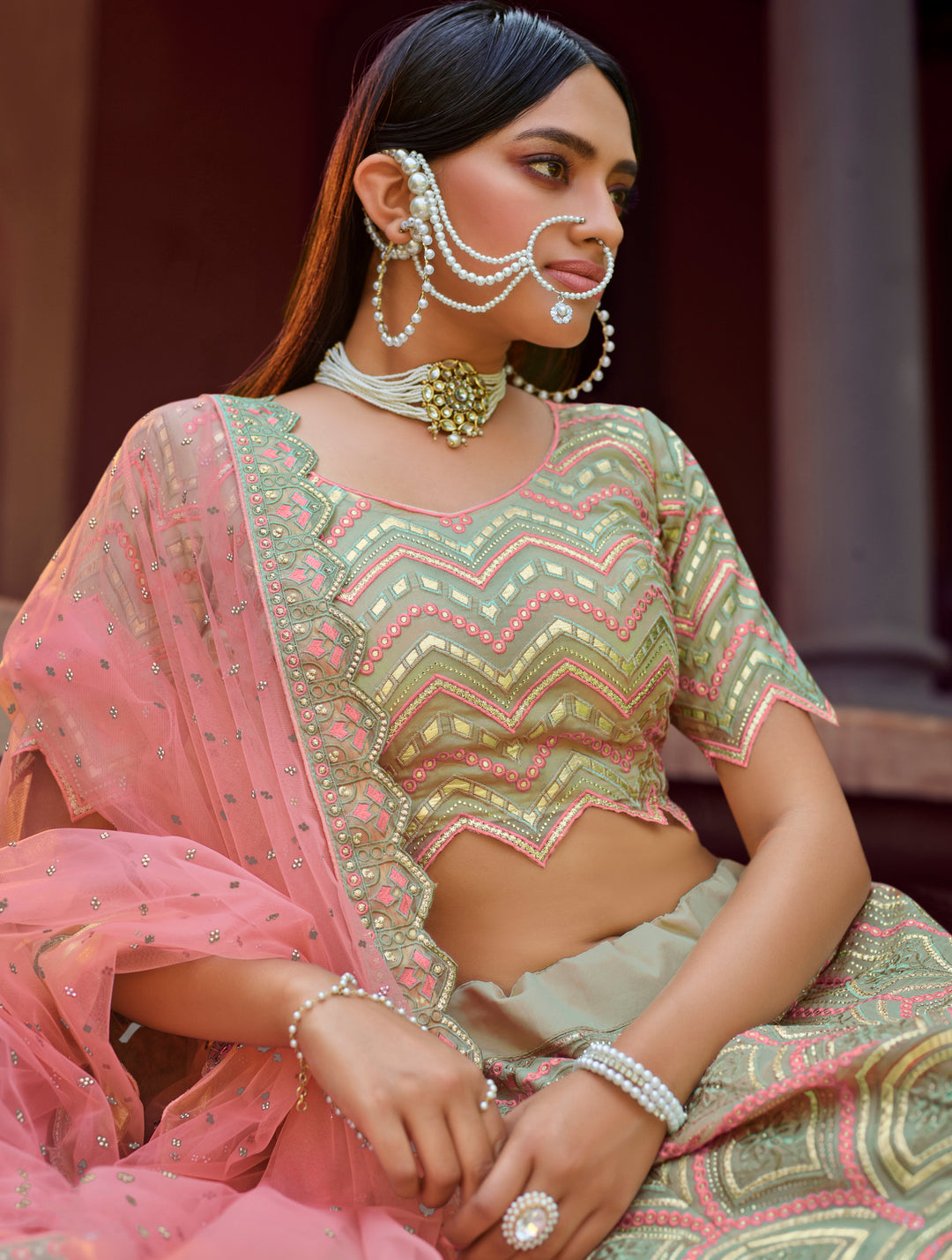 Light Green Organza Lehenga Choli | Gota & Thread Embroidery Work for weddings