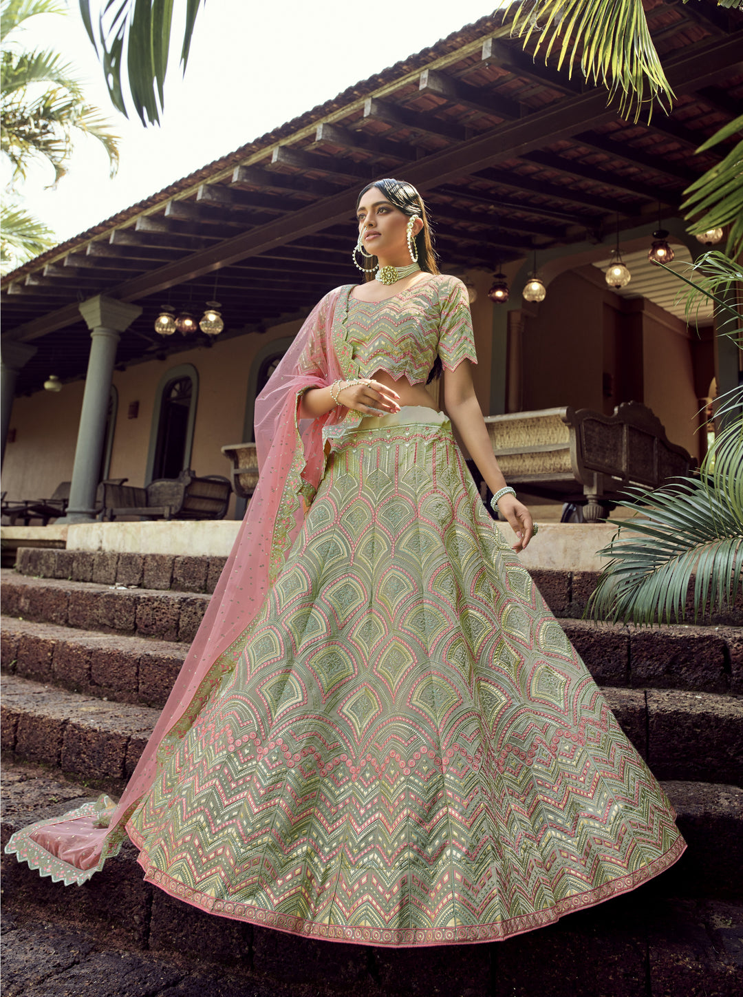 Light Green Organza Lehenga Choli | Gota & Thread Embroidery Work for weddings