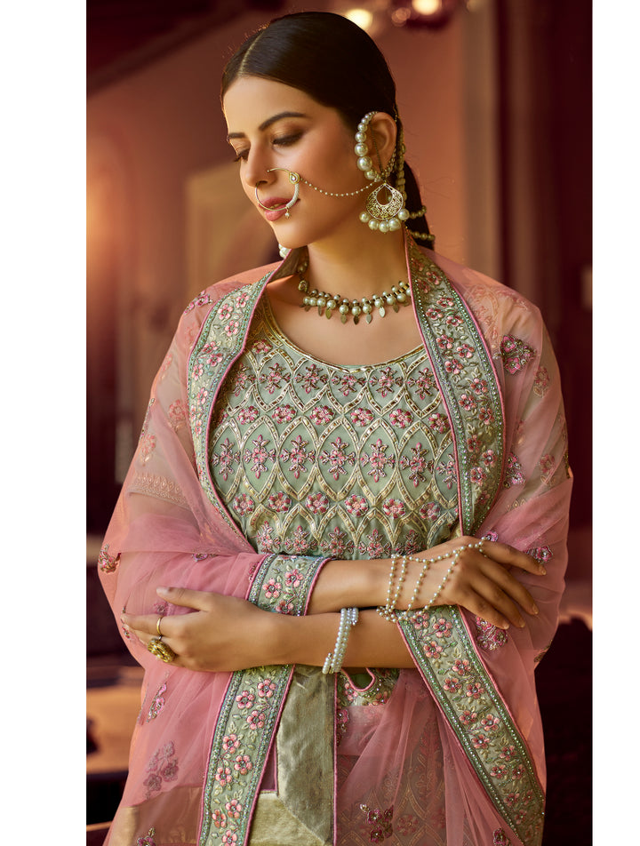 Light Green Georgette Lehenga Choli | Gota & Thread Embroidery Work