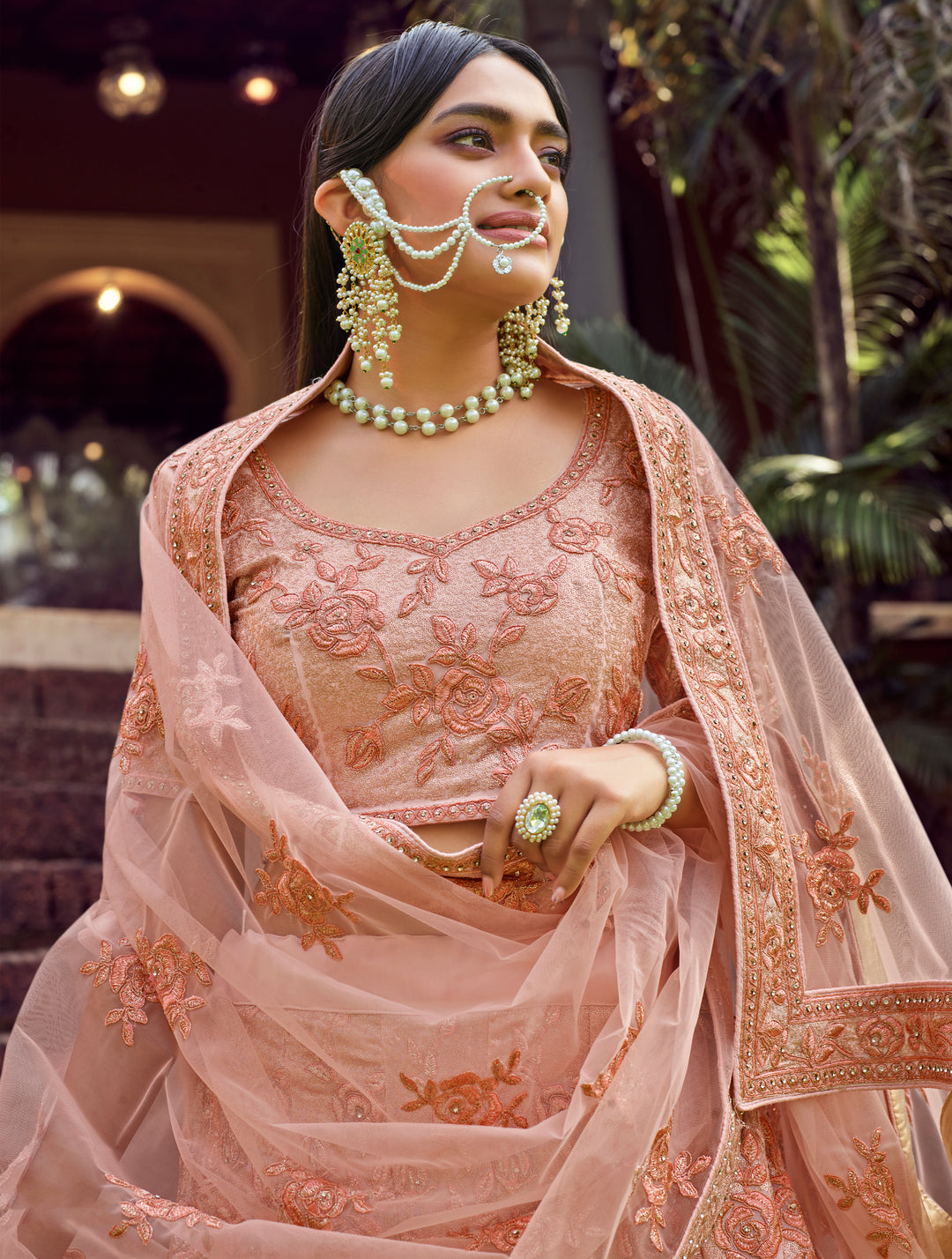 Peach Georgette Lehenga Choli | Sequins & Thread Embroidery Work for weddings