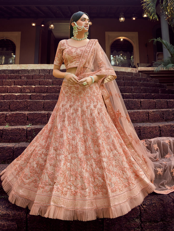 Peach Georgette Lehenga Choli | Sequins & Thread Embroidery Work for weddings