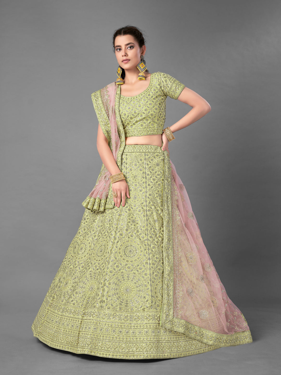 Pista Green Art Silk Lehenga Choli | Thread & Sequin Embroidery for festive occasion