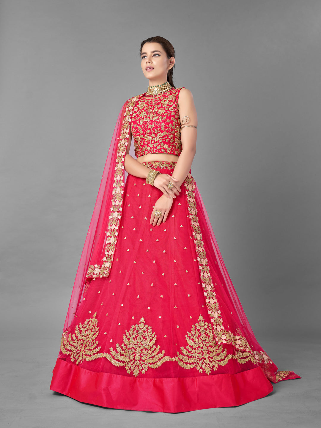 Rani Pink Soft Net Lehenga Choli | Intricate Thread & Dori Embroidery for weddings