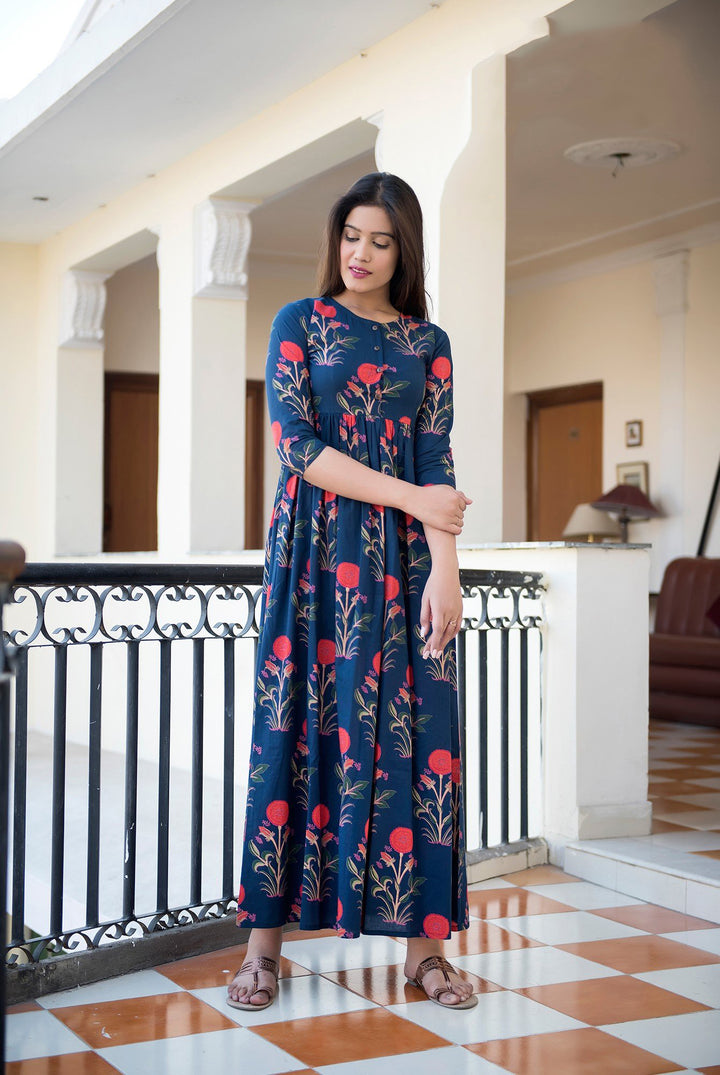 Blue Silk Kurti for Women | Modern Ethnic Style with Digital Prints