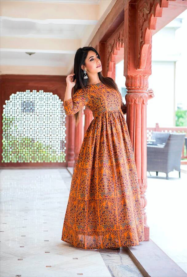 Coral Orange Silk Long Kurti for Women | Digital Printed Ethnic Wear