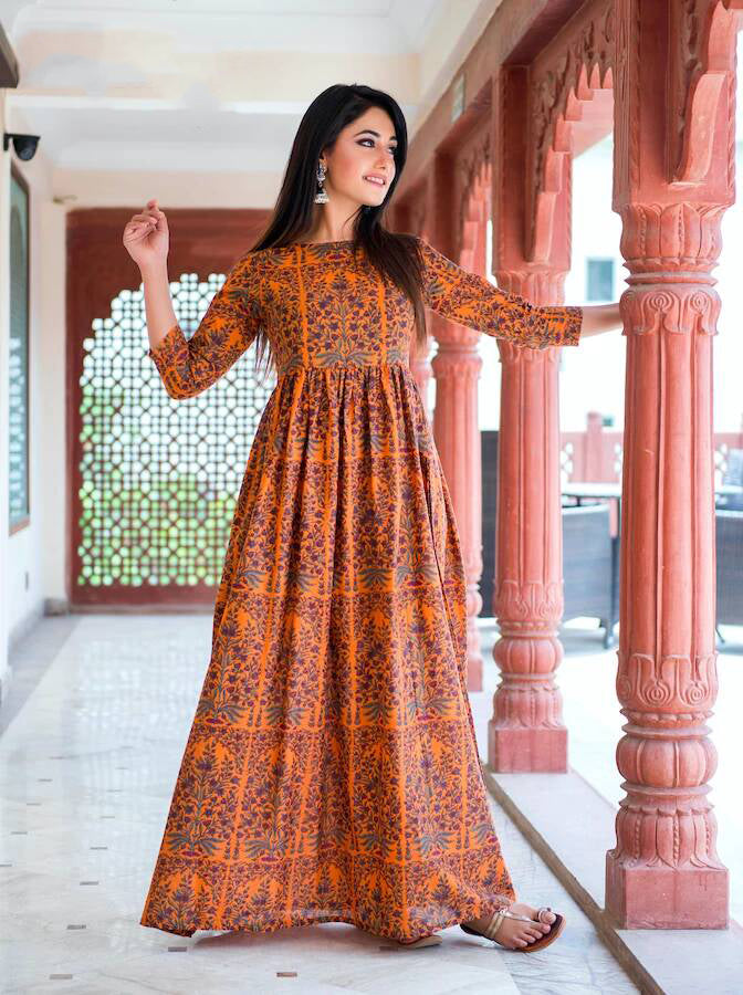 Coral Orange Silk Long Kurti for Women | Digital Printed Ethnic Wear