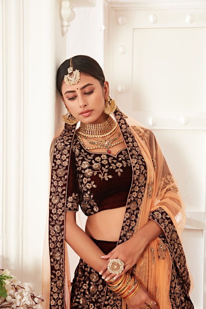 Maroon Velvet Bridal Lehenga Choli | Heavy Thread, Jari & Sequins Embroidery