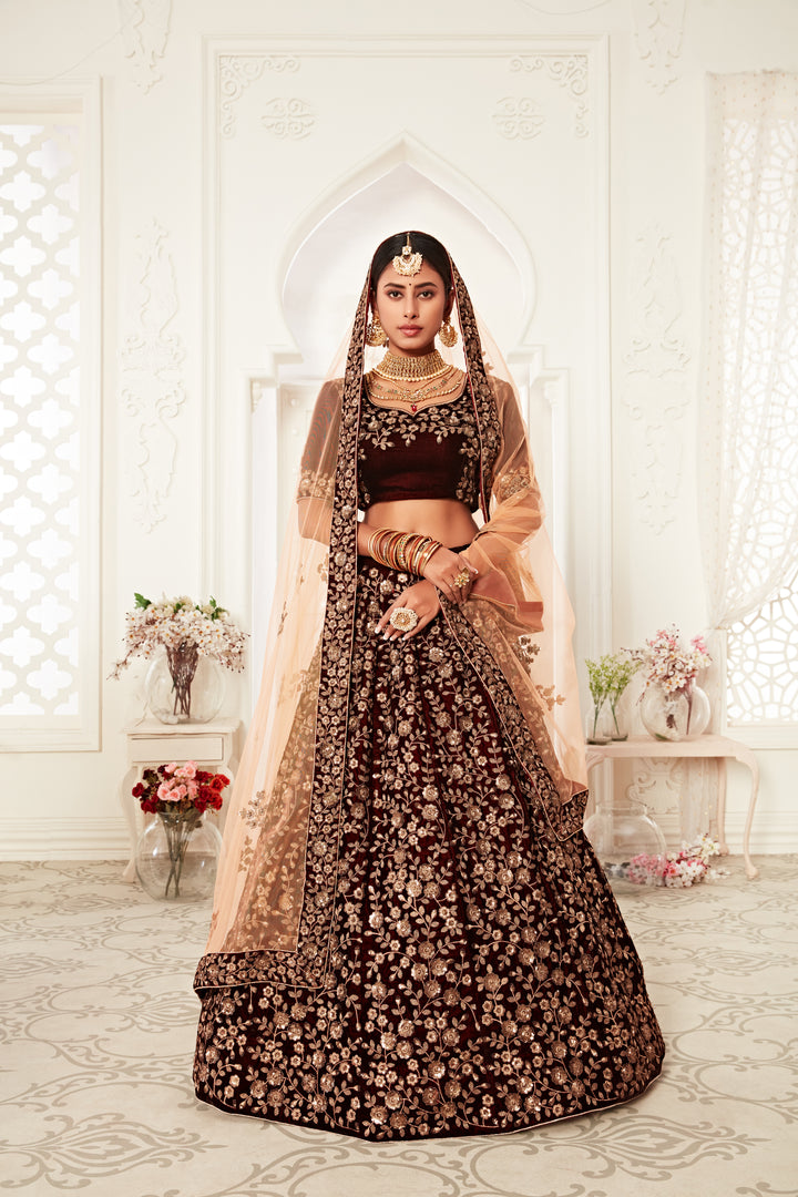 Maroon Velvet Bridal Lehenga Choli | Heavy Thread, Jari & Sequins Embroidery