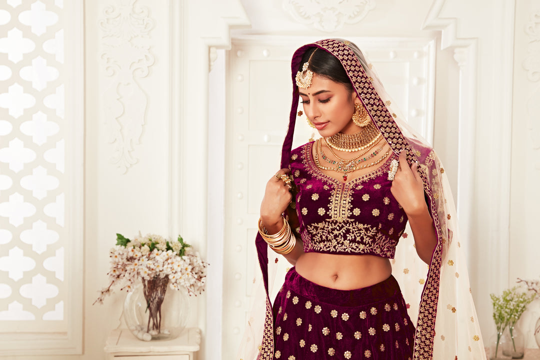 Designer Velvet Lehenga Choli | Embroidered Choli with Soft Net Dupatta for weddings