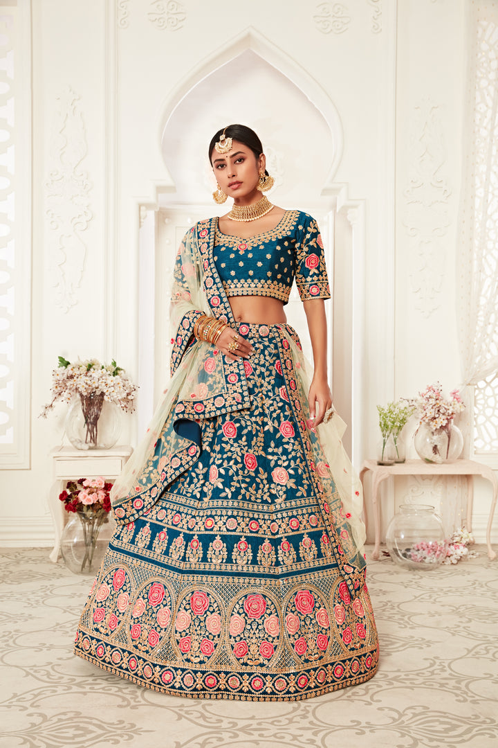 Designer Teal Blue Lehenga Choli | Thread, Jari, Dori & Sequins Embroidery for weddings