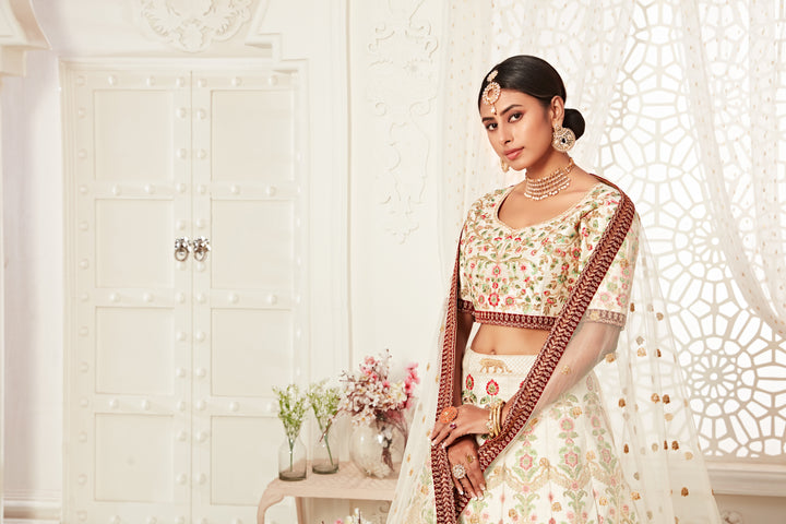 Designer Off-White Lehenga Choli | Art Silk Embroidery & Net Dupatta for weddings