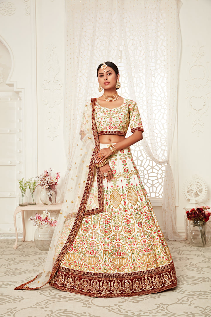 Designer Off-White Lehenga Choli | Art Silk Embroidery & Net Dupatta for weddings