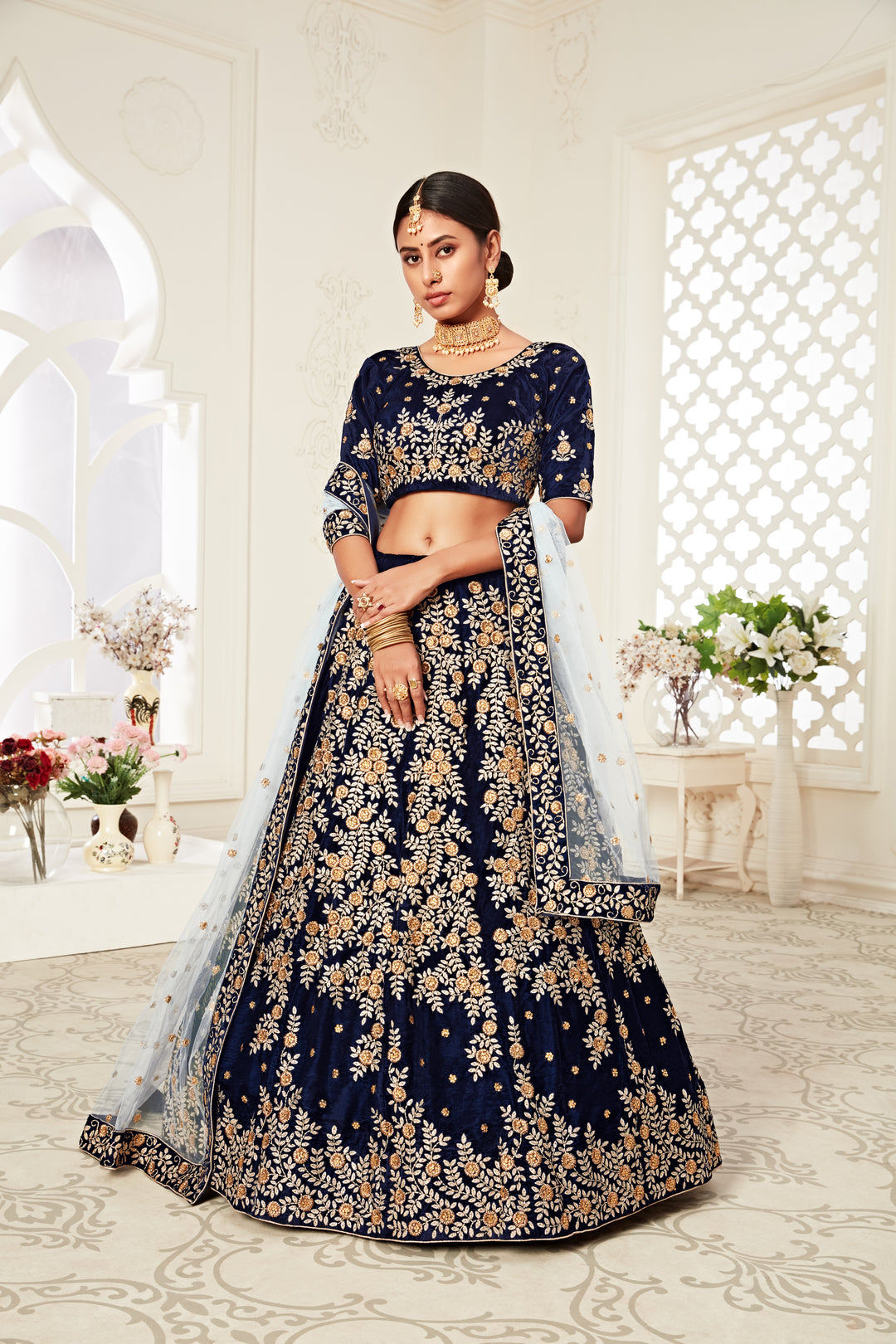 Navy Blue Velvet Lehenga | Diamond Work with Soft Net Dupatta traditional wear