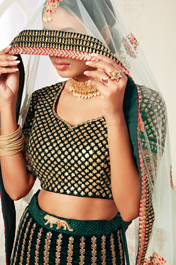 Dark Green Velvet Lehenga Choli | Embroidered Soft Net Dupatta party wear lehenga