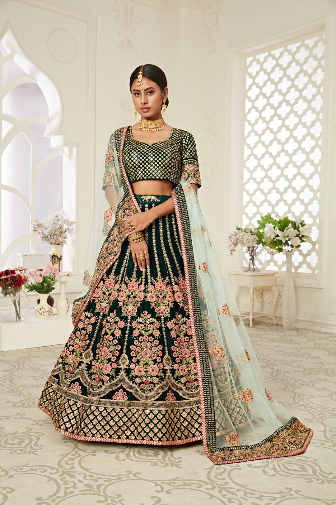 Dark Green Velvet Lehenga Choli | Embroidered Soft Net Dupatta party wear lehenga