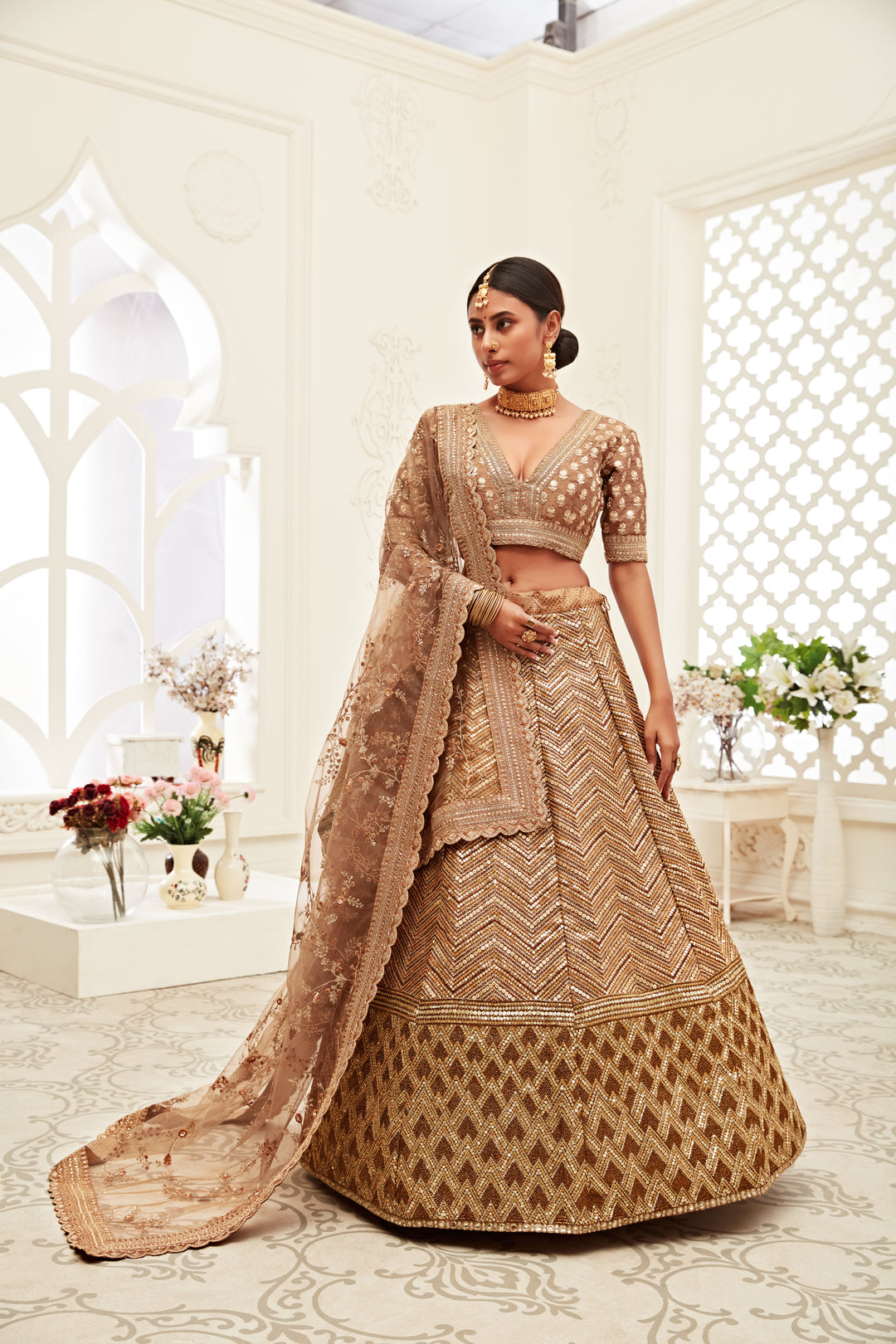 Brown Slub Silk Lehenga Choli | Embroidered Soft Net Dupatta for Weddings