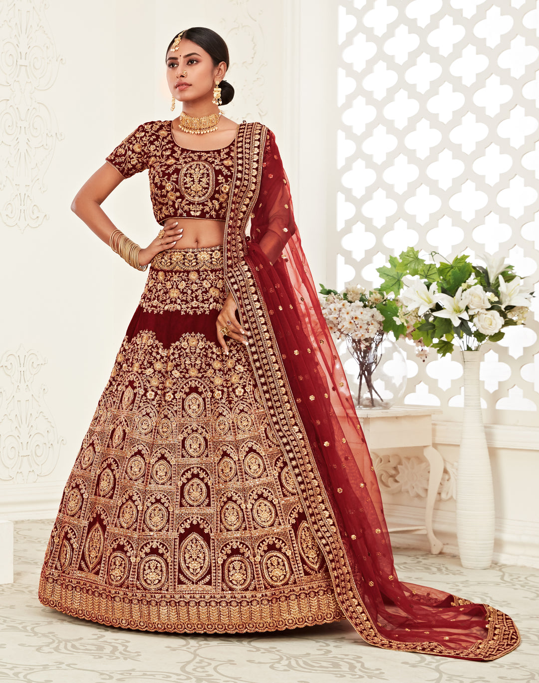 Gorgeous Red Velvet Lehenga Choli | Intricate Embroidery | Perfect for Weddings