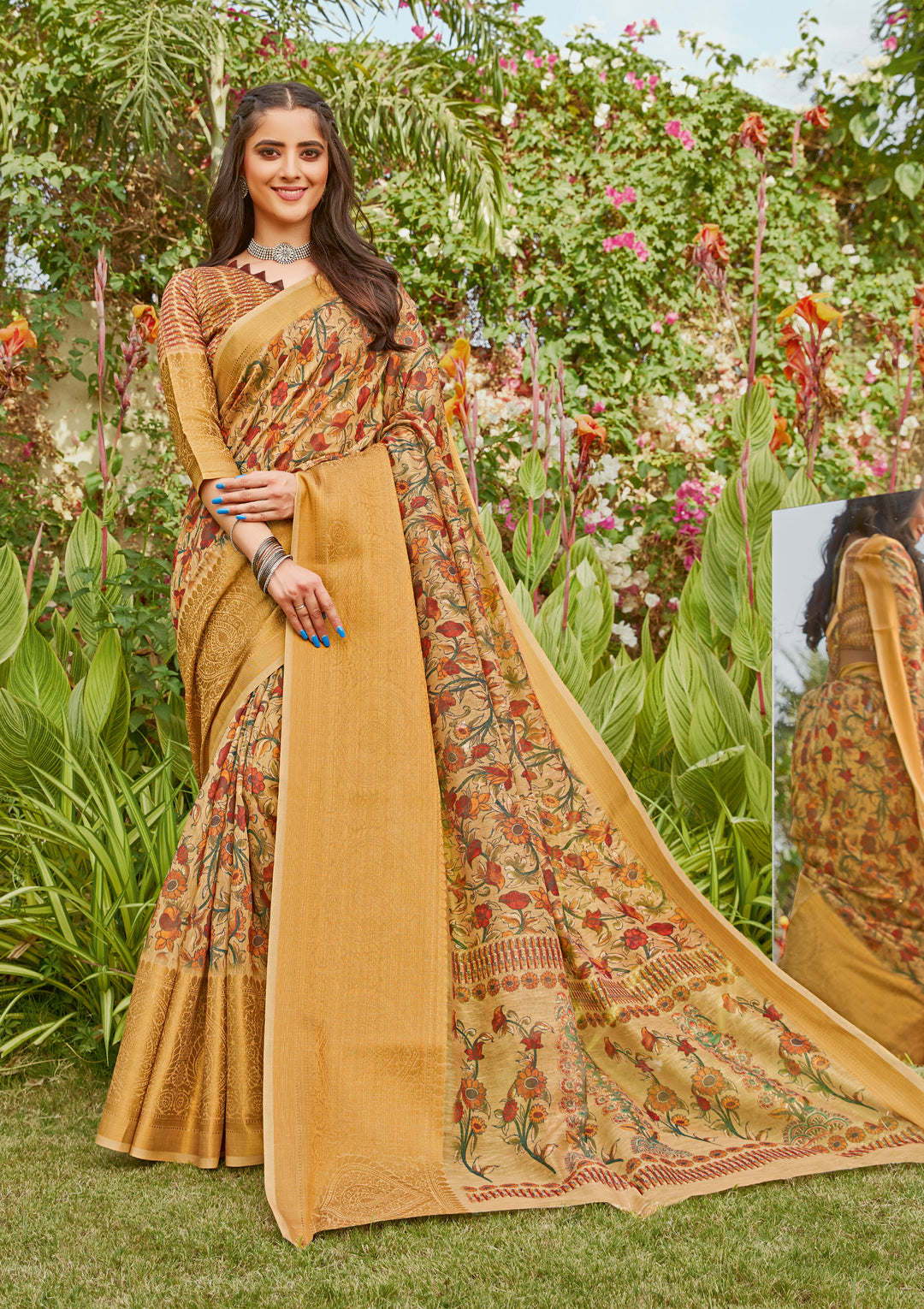 Gold Linen Designer Saree Digital Printed | Traditional Wedding Outfit