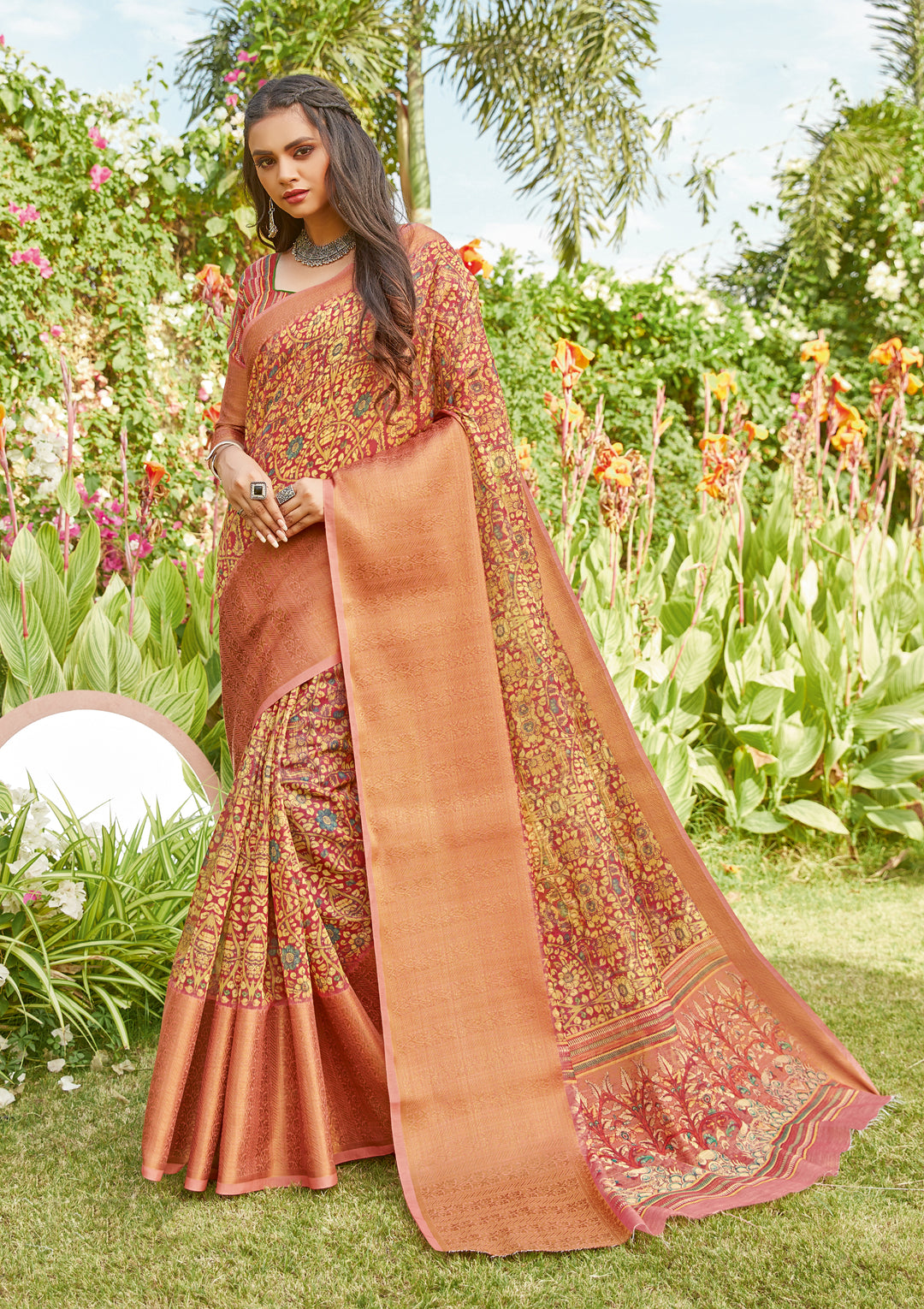 Designer Linen Saree | Digital Printed | Traditional Wedding & Party Wear | Special Event & Pooja