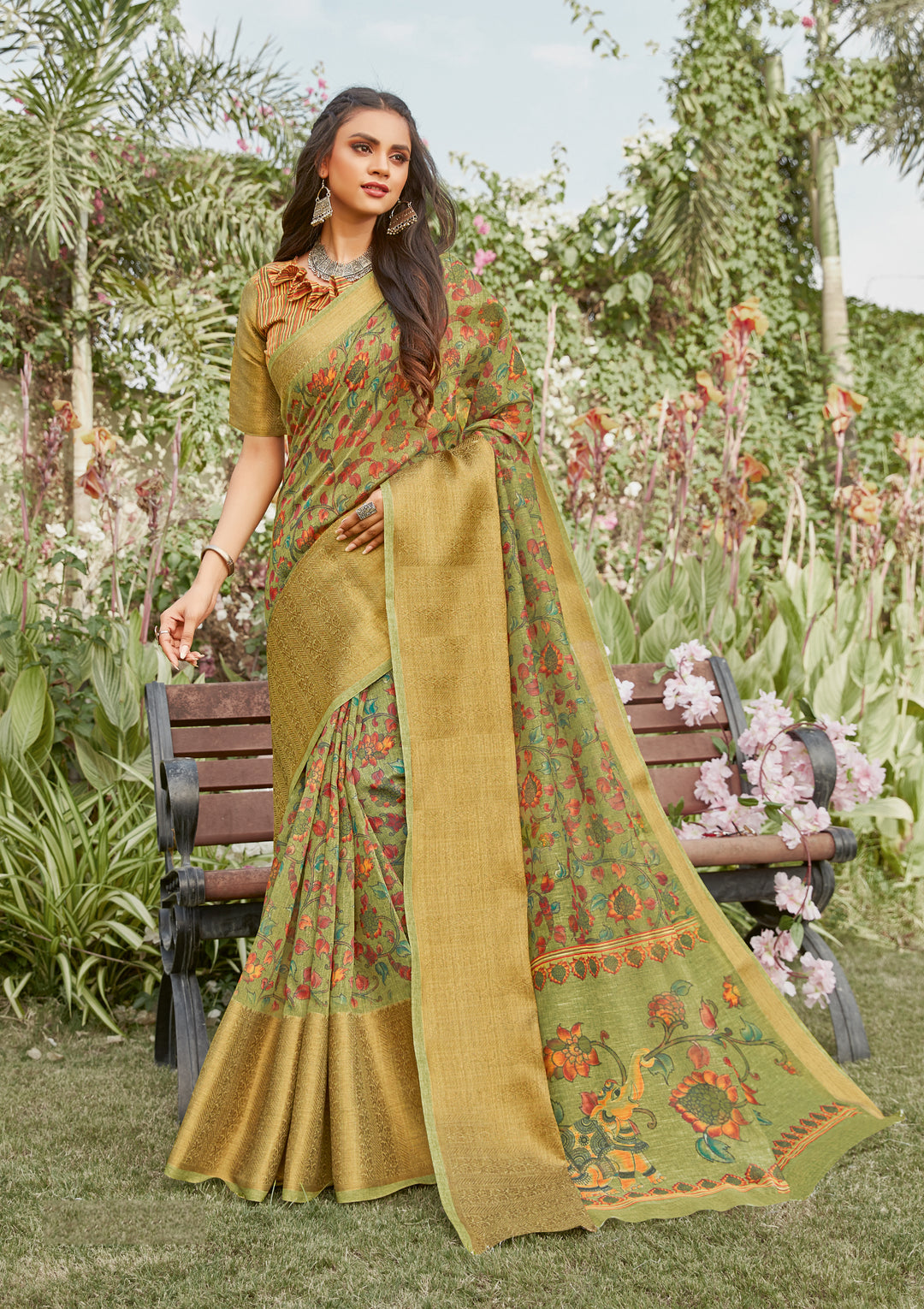 Linen Saree | Wevon Designer | Digital Printed | Traditional Wedding Wear | Special Event & Party | Ceremonial Pooja Attire