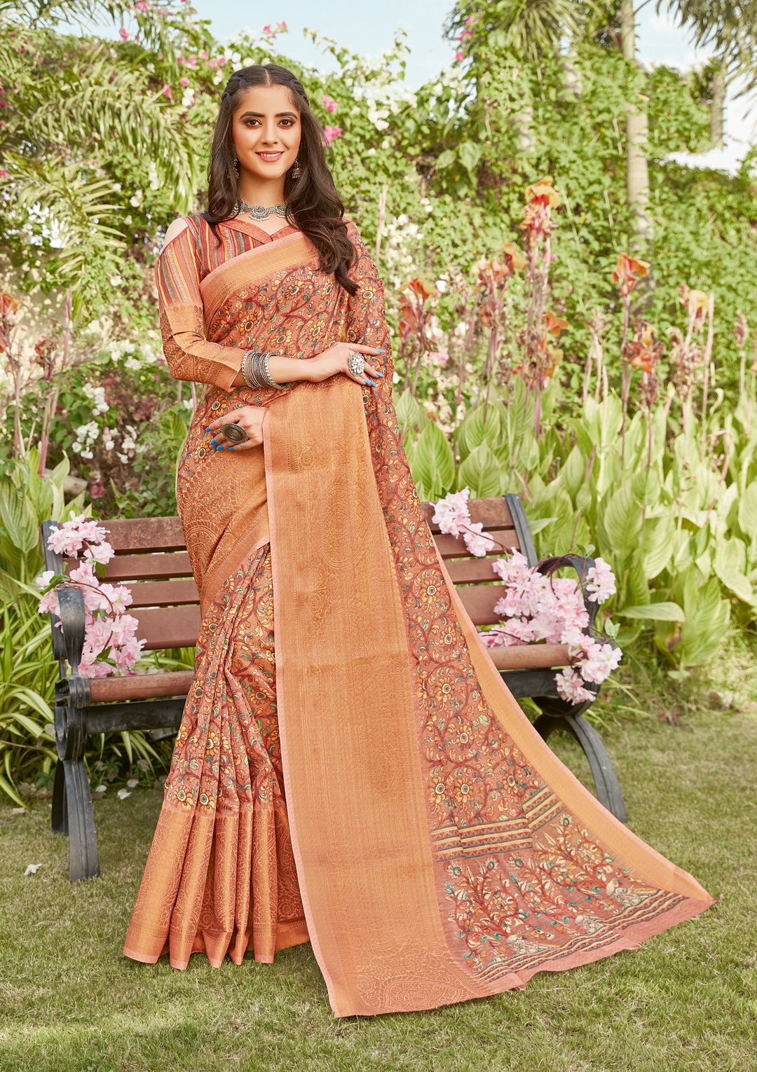 Designer Linen Saree | Digital Printed | Traditional Wedding & Party Wear | Special Event & Pooja