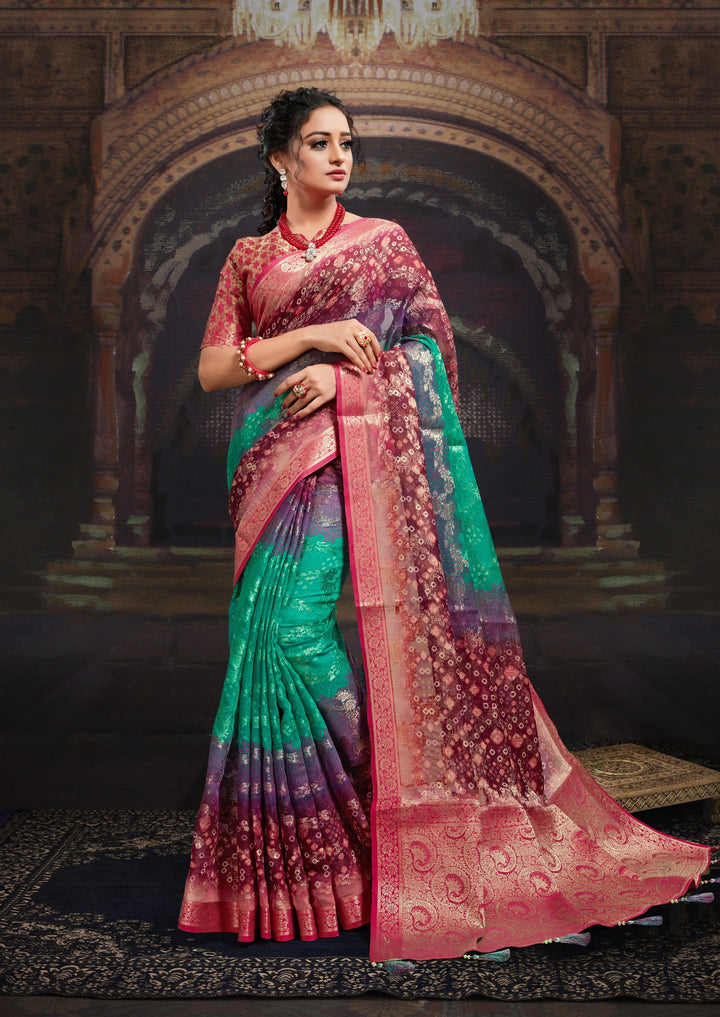 Chanderi Saree with Wevon-Jacquard & Bandhej-Printed | Traditional Wedding Party