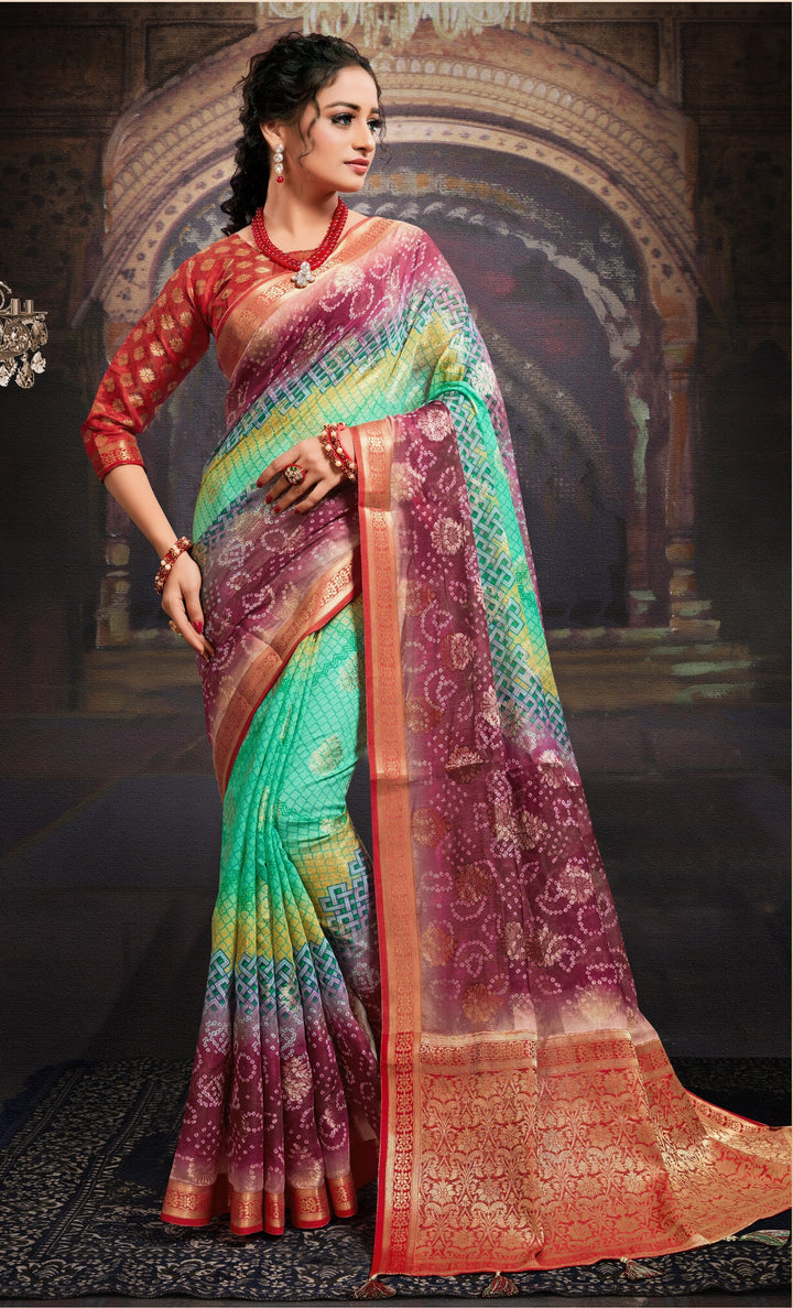 Sea Blue Chanderi Saree | Wevon-Jacquard Bandhej Print for Weddings