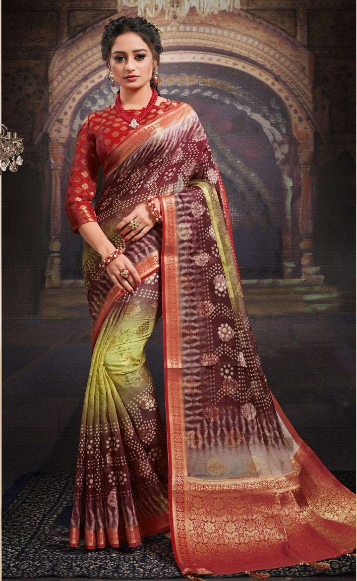 Chanderi Saree with Wevon-Jacquard & Bandhej-Printed | Traditional Wedding Party