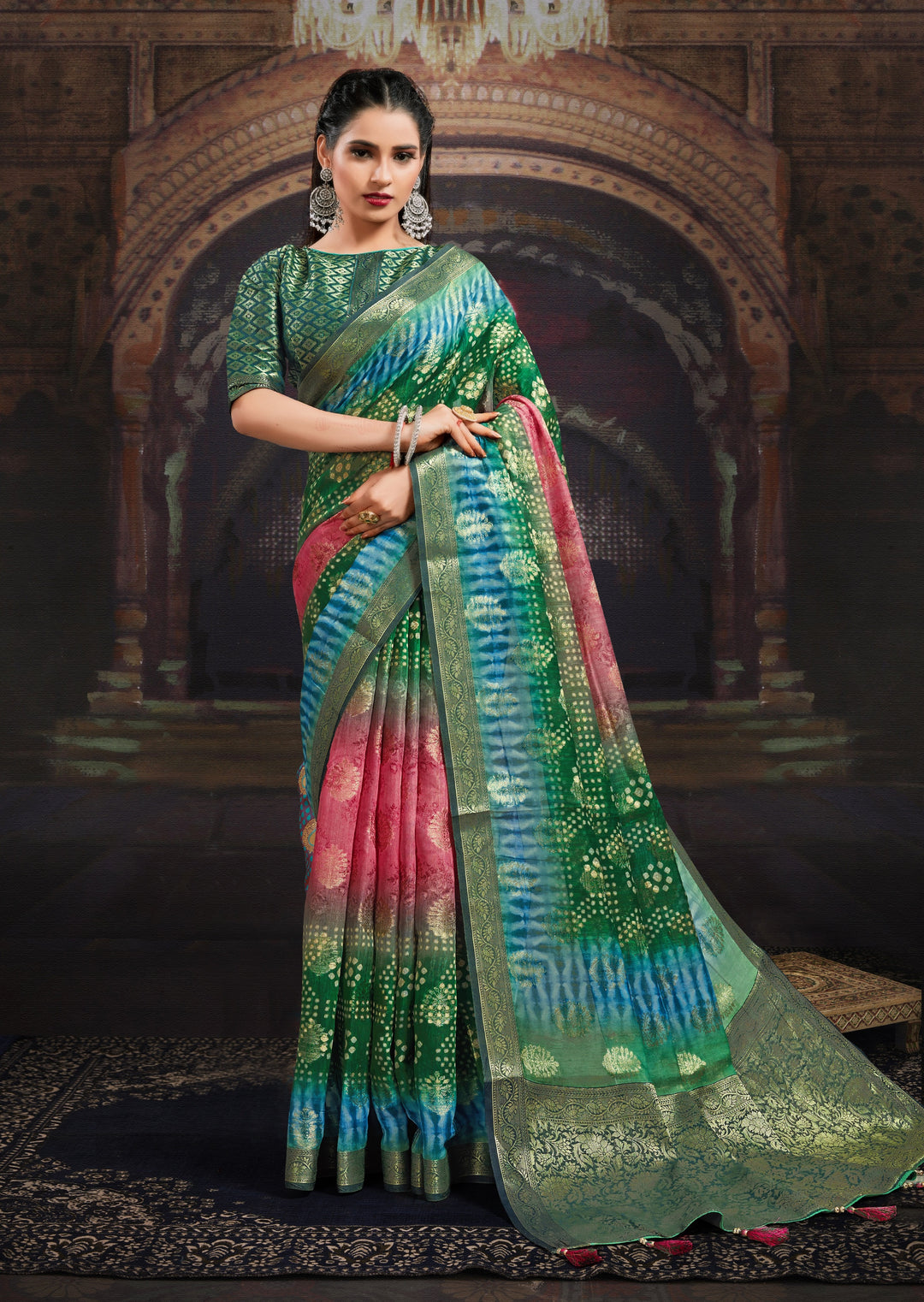 Chanderi Saree with Wevon-Jacquard & Bandhej-Printed | Traditional Wedding Party Ceremonial