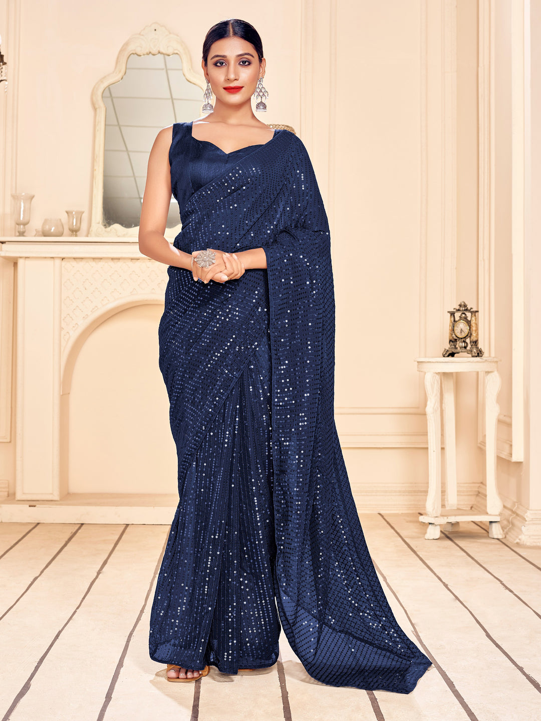 Faux-Georgette Saree with Heavy Sequins Embroidery | Art-Silk Blouse Wedding And Party