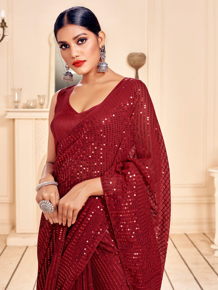 Faux-Georgette Saree with Heavy Sequins Embroidery | Art-Silk Blouse Wedding And Party