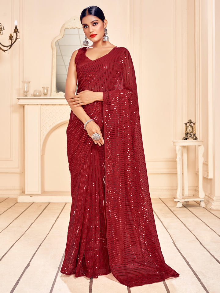 Faux-Georgette Saree with Heavy Sequins Embroidery | Art-Silk Blouse Wedding And Party