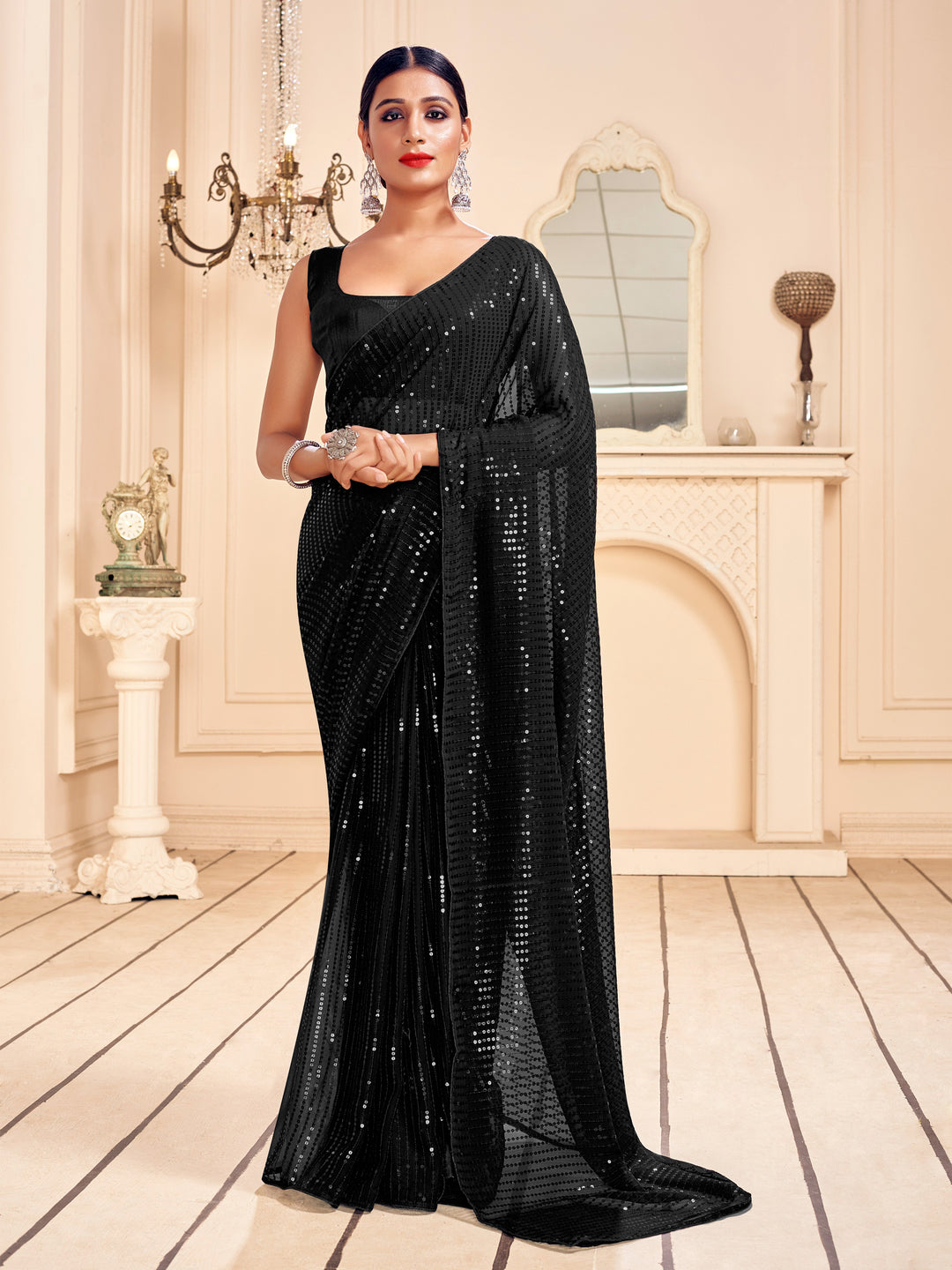 Faux-Georgette Saree with Heavy Sequins Embroidery | Art-Silk Blouse Wedding And Party