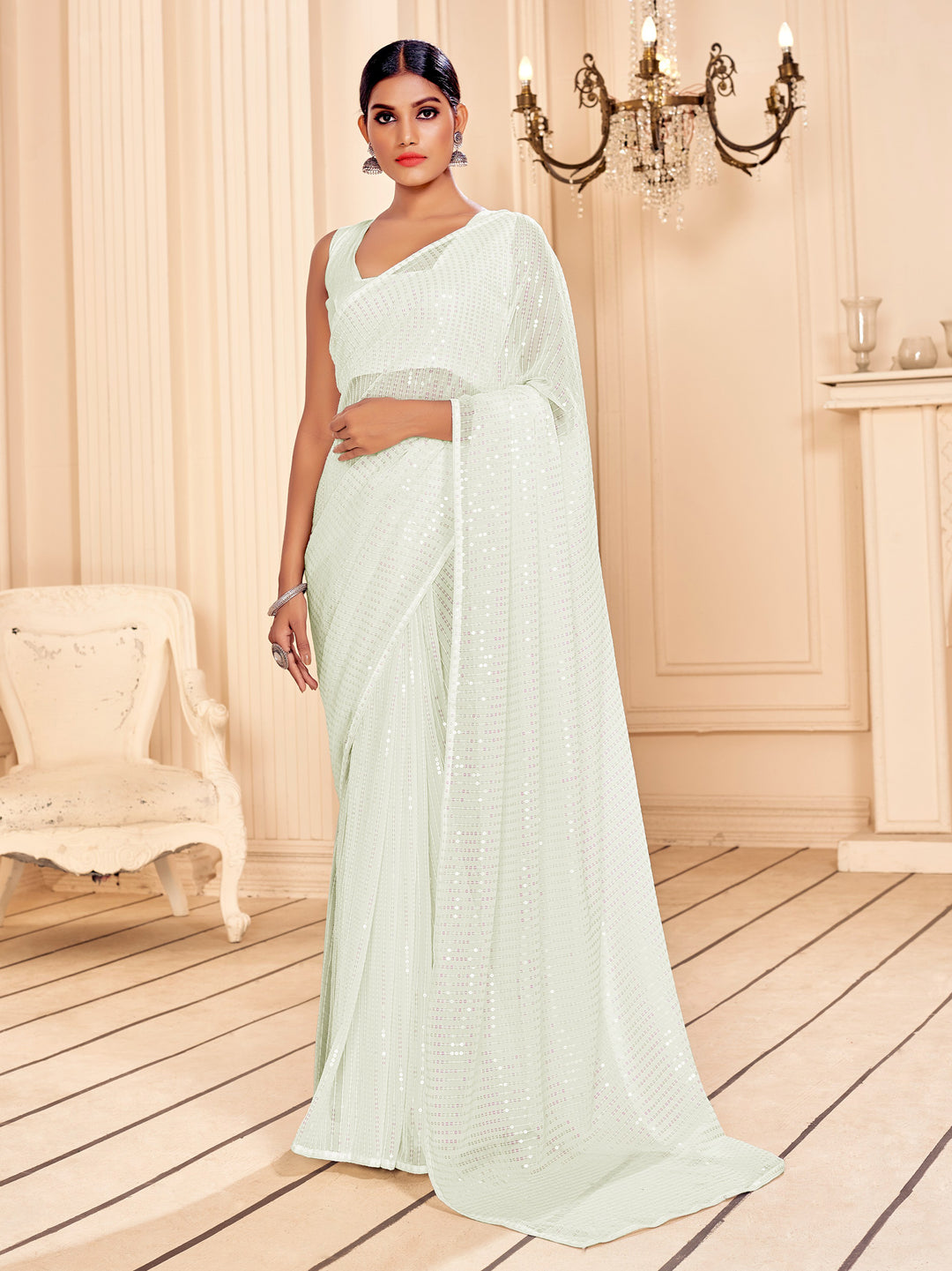 Faux-Georgette Saree with Heavy Sequins Embroidery | Art-Silk Blouse Wedding And Party