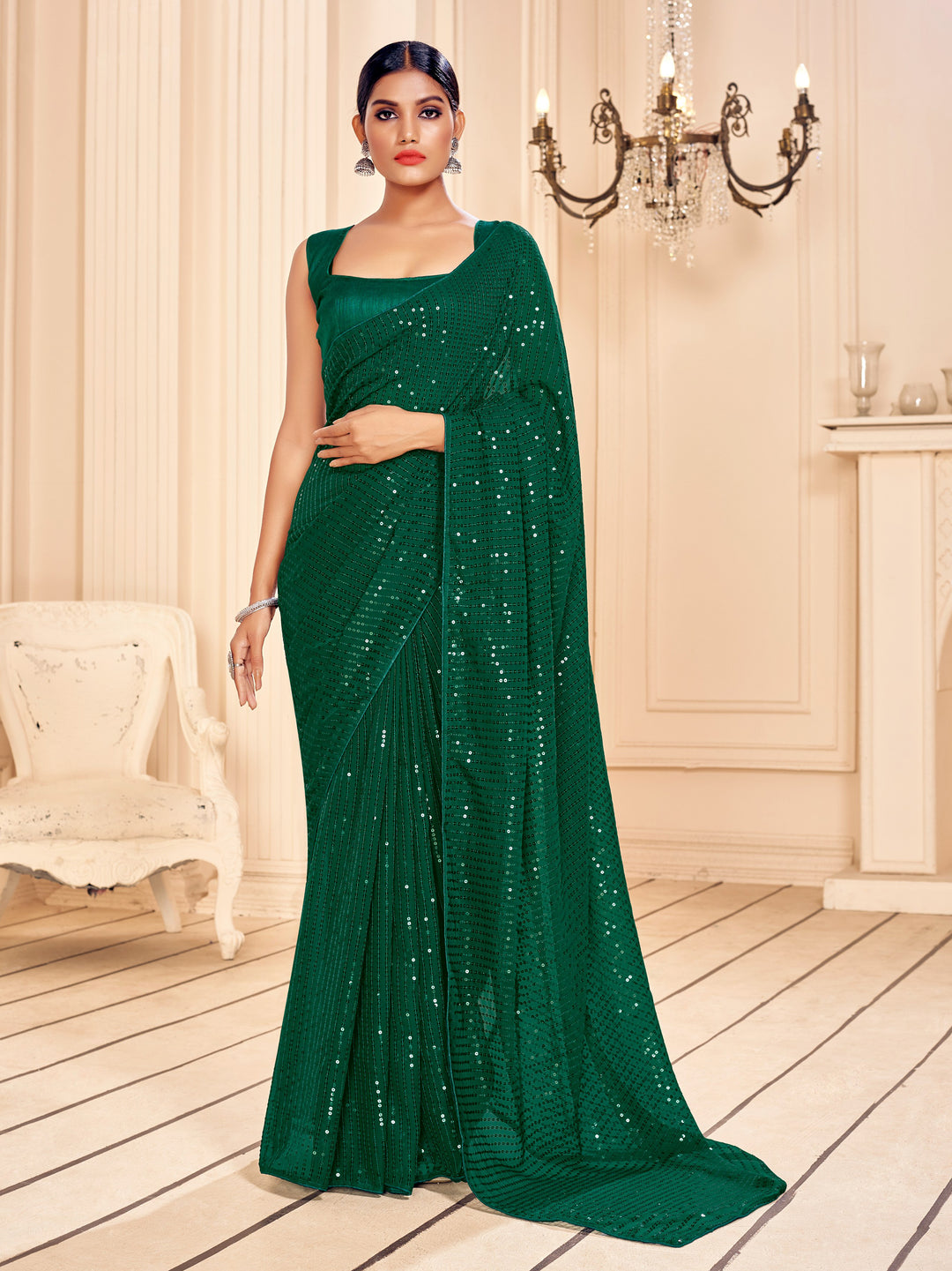 Faux-Georgette Saree with Heavy Sequins Embroidery | Art-Silk Blouse Wedding And Party