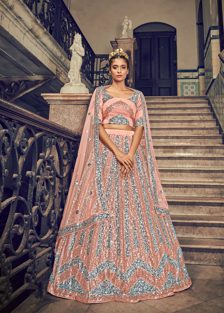 Peach Bridal Lehenga Choli | Net Fabric with Heavy Sequin Embroidery Work