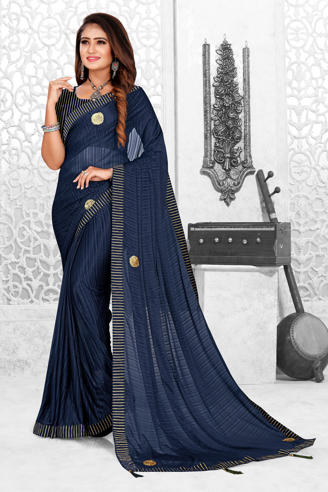 Spandex-Poly Saree with Wevon-Lining Butta Work | Wedding & Party Ready