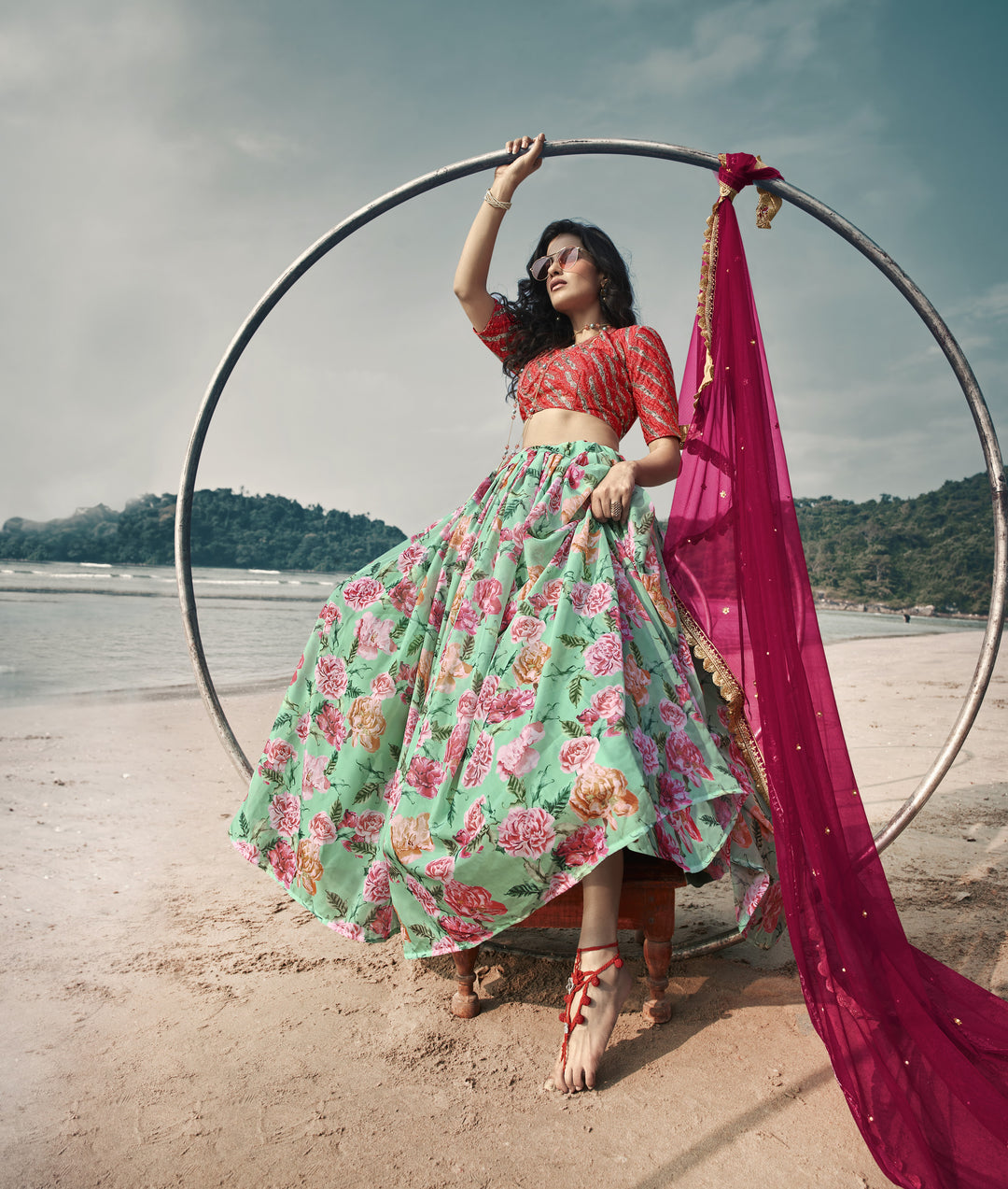 Mint Green Organza Lehenga Choli with Pink Dupatta | Perfect for Weddings and Celebrations