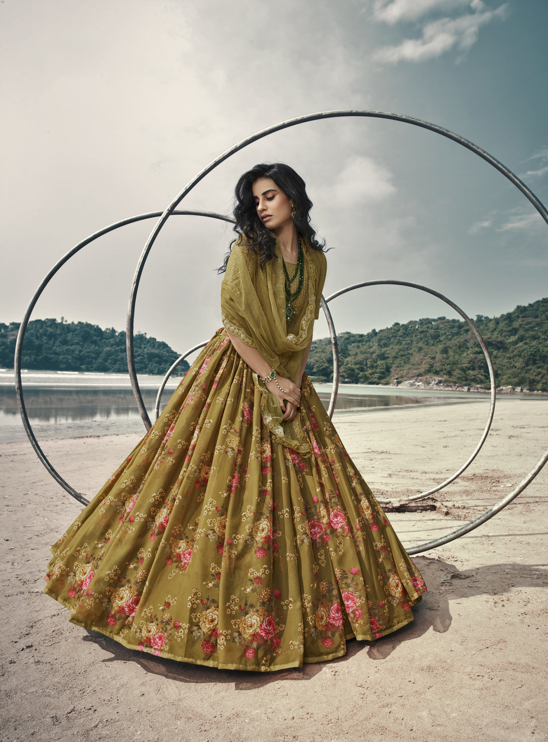 Olive Green Bridal Lehenga Choli | Art Silk, Organza with Sequins & Jari Work