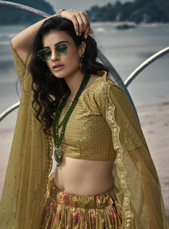 Olive Green Bridal Lehenga Choli | Art Silk, Organza with Sequins & Jari Work