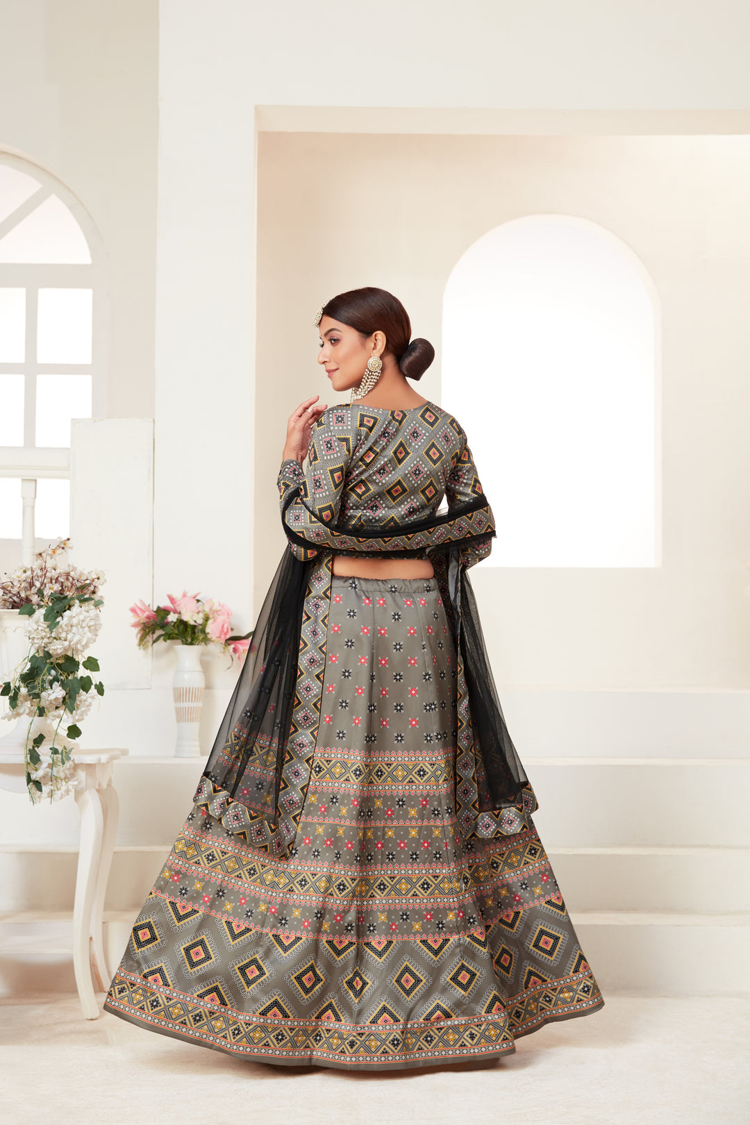 Elegant Gray Ajmeri Silk Lehenga Choli | Designer Digital Printed Partywear Outfit