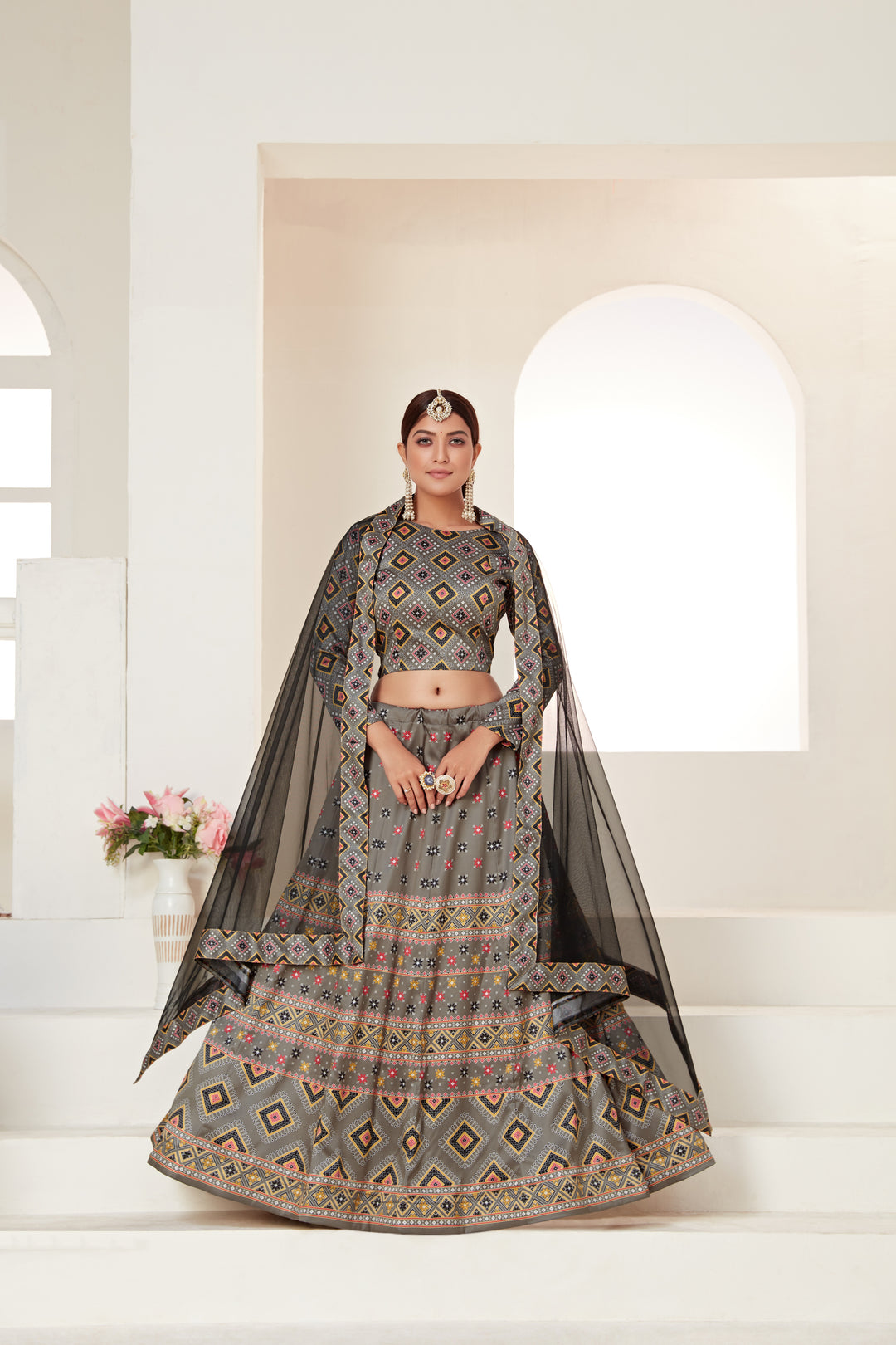 Elegant Gray Ajmeri Silk Lehenga Choli | Designer Digital Printed Partywear Outfit