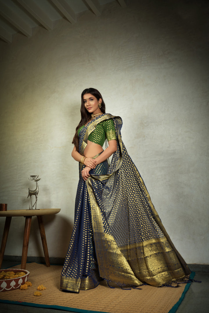 Radiant Navy Blue Chiffon Saree | Green Blouse for Celebrations