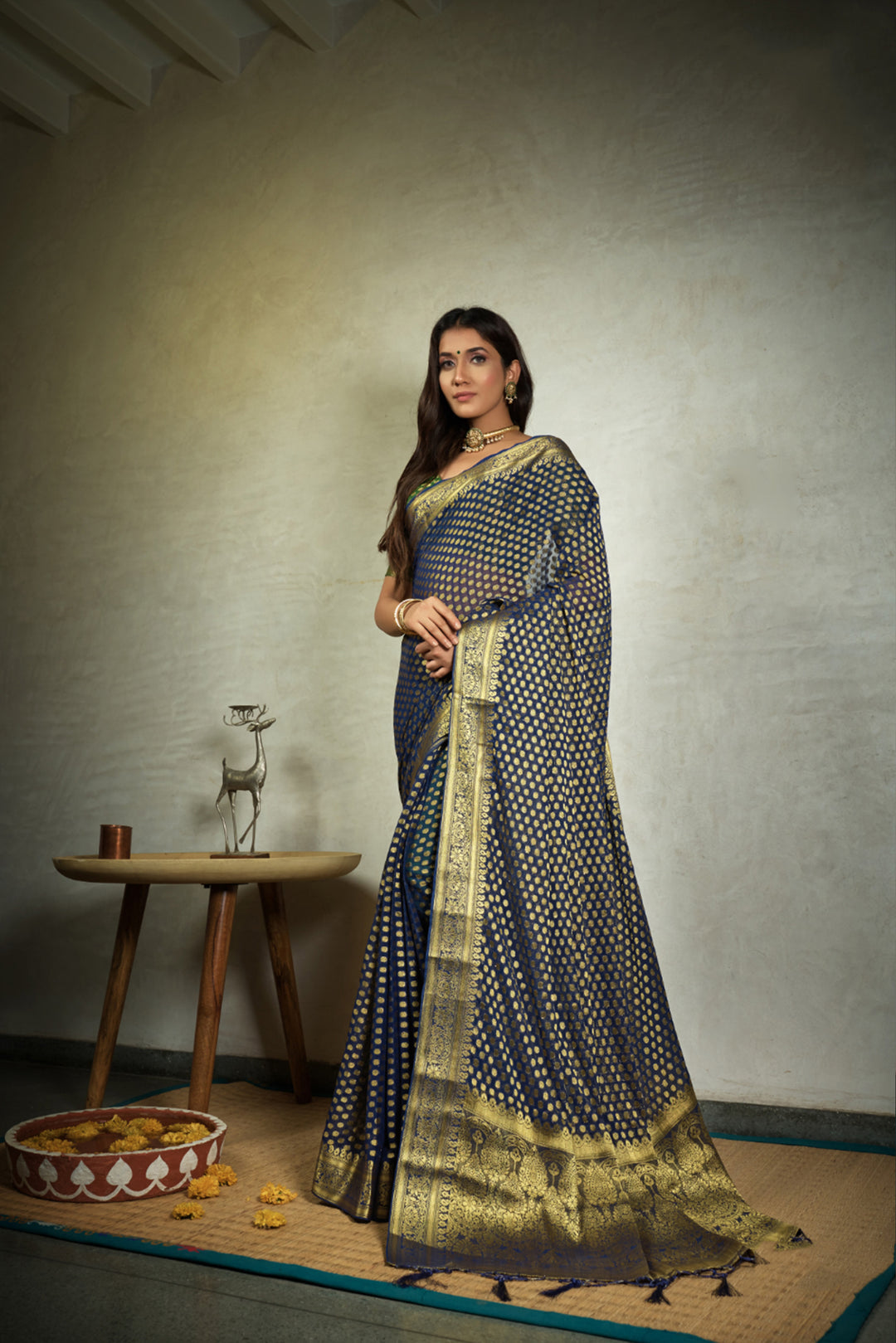 Radiant Navy Blue Chiffon Saree | Green Blouse for Celebrations