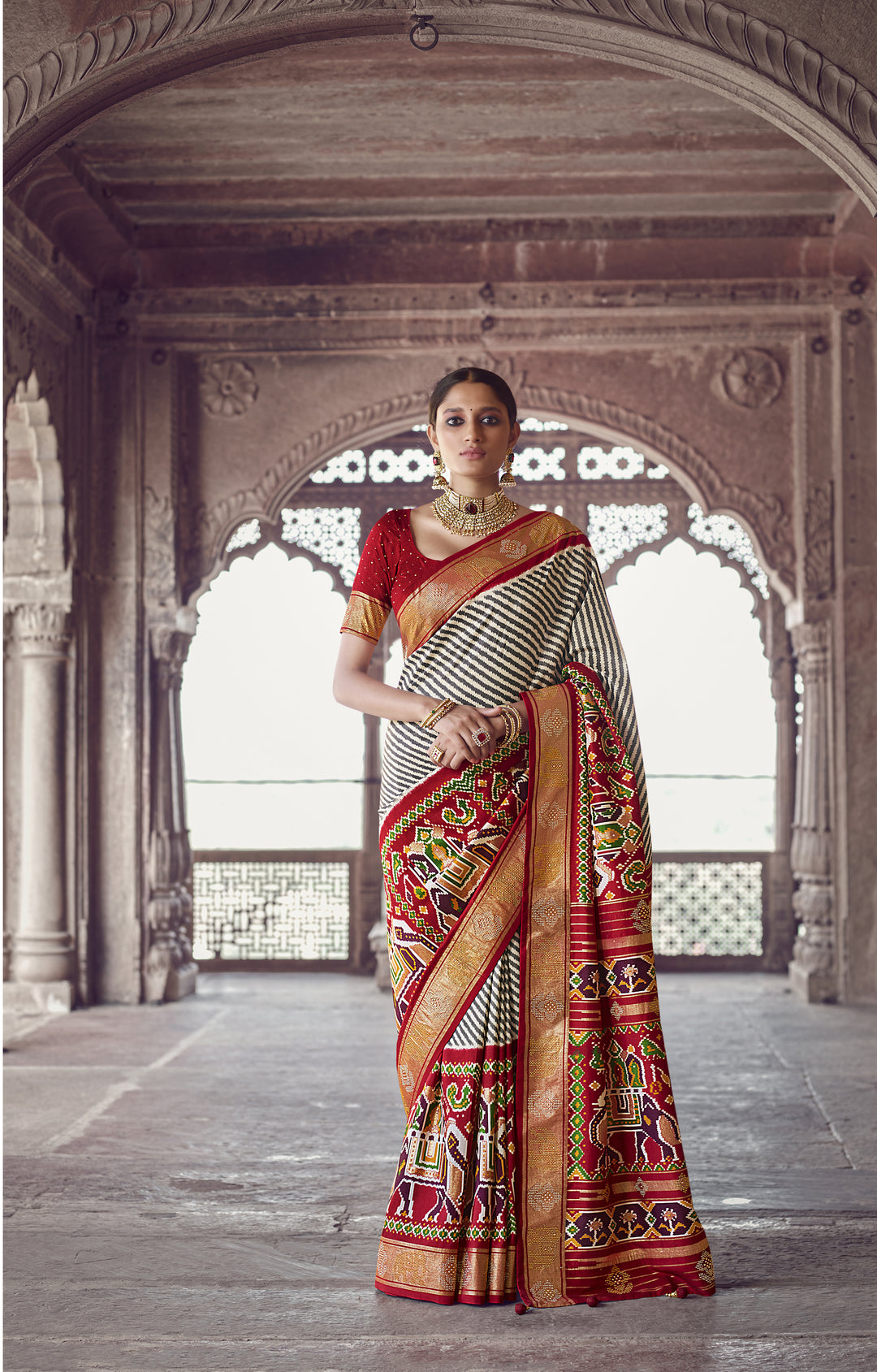 Cream Designer Patola Silk Saree | Perfect for Wedding & Festive Occasions